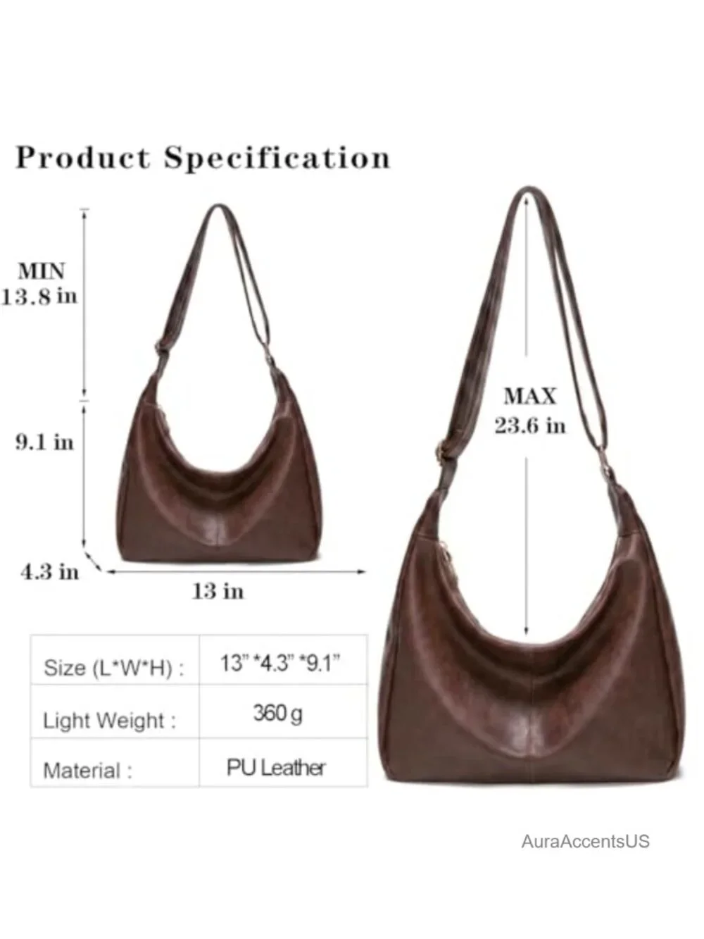 Vegan Leather Hobo Bag for Women, Soft Slouchy Shoulder Purse, Foldable Travel